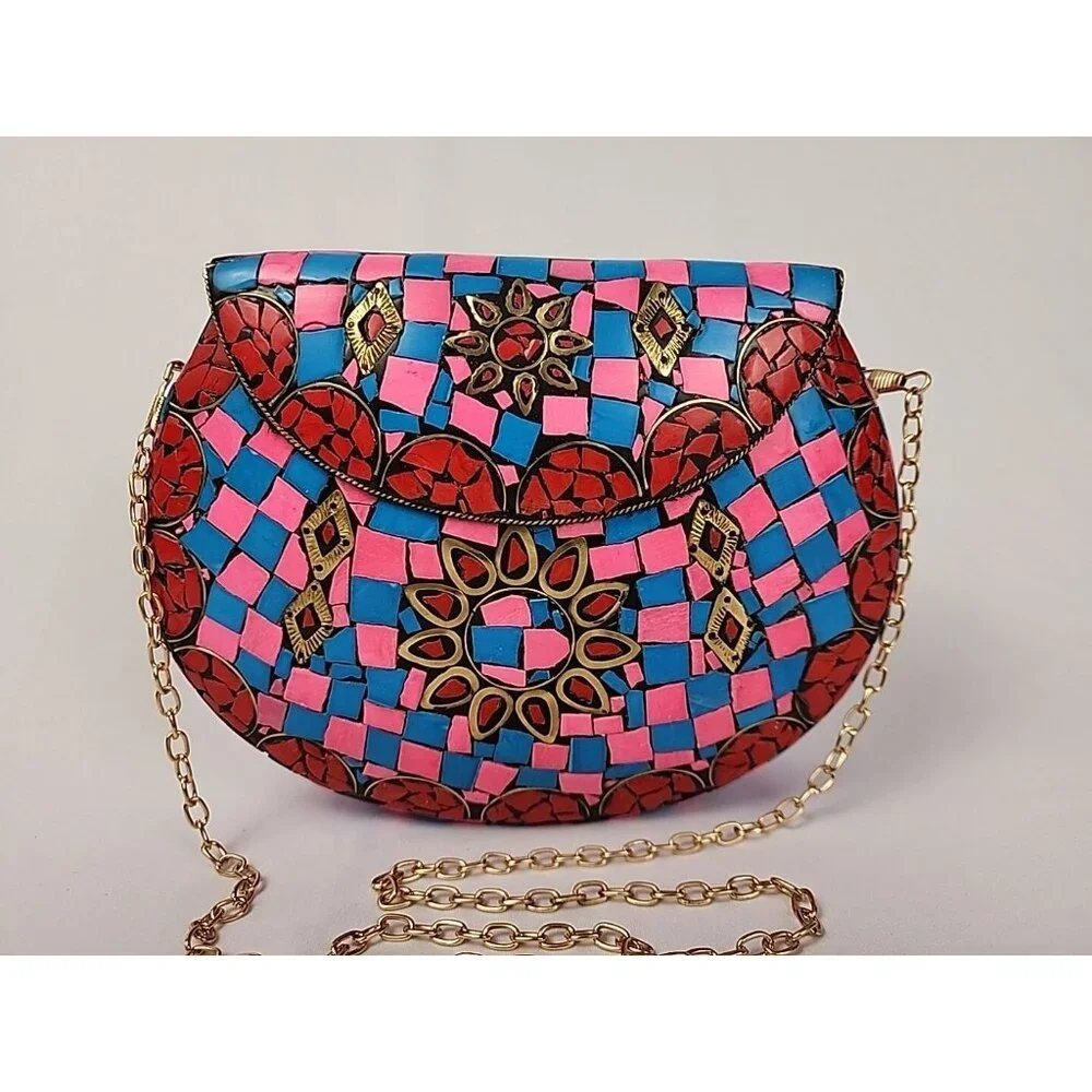 Ramla Mosaic Handmade Bag Pink Blue with Detachable‎ Chain Strap Selling Sunset
